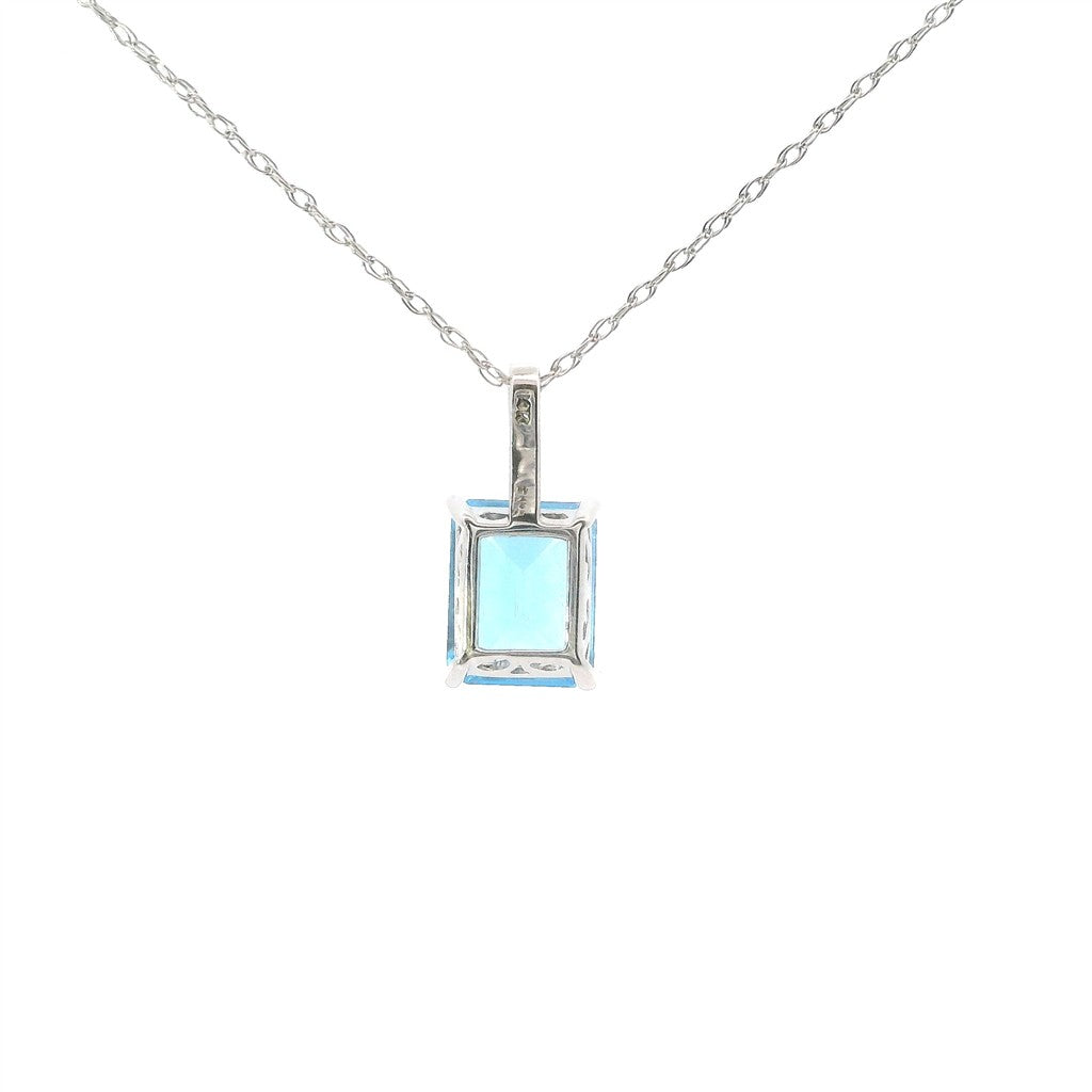 14K White Gold Diamond And Blue Topaz Emerald Cut Pendant Necklace