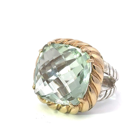 Raymond Mazza 14K Gold And Sterling Silver Cushion Cut Green Amy Stone Ring