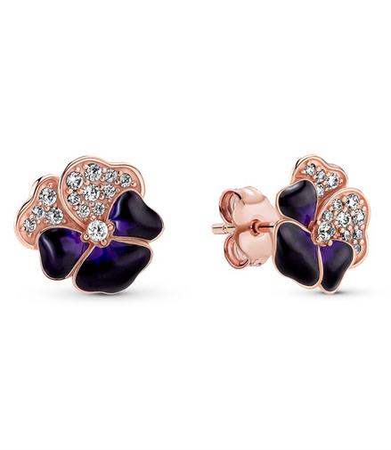 Pandora Moments Rose And Deep Purple Pansy Flower Stud Earrings