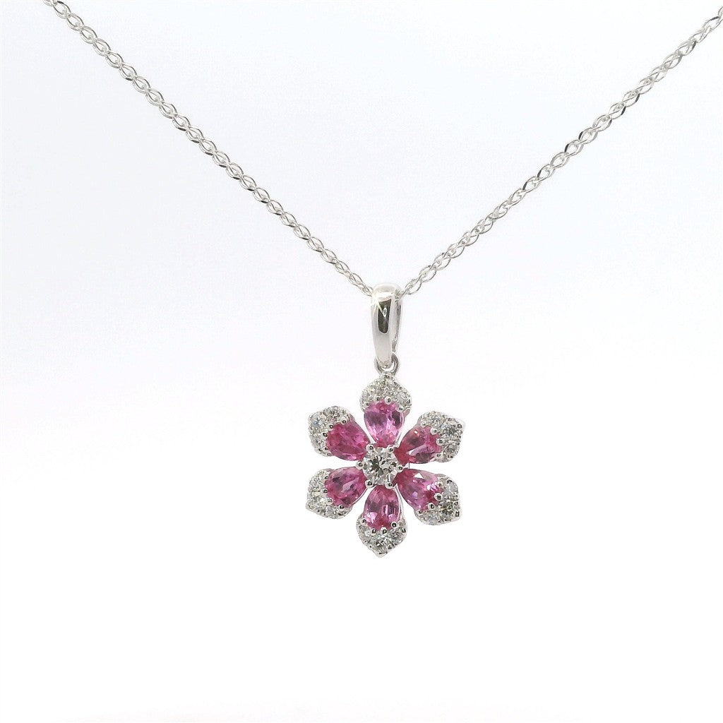 14K White Gold Diamond & Pink Sapphire Flower Shaped Pendant Necklace