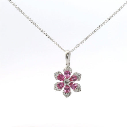 14K White Gold Diamond & Pink Sapphire Flower Shaped Pendant Necklace