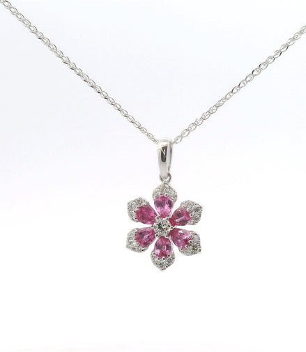 14K White Gold Diamond & Pink Sapphire Flower Shaped Pendant Necklace