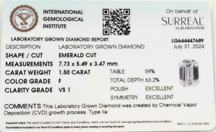 1.50 Emerald Cut Lab Grown Diamond F / Vs1 Igi