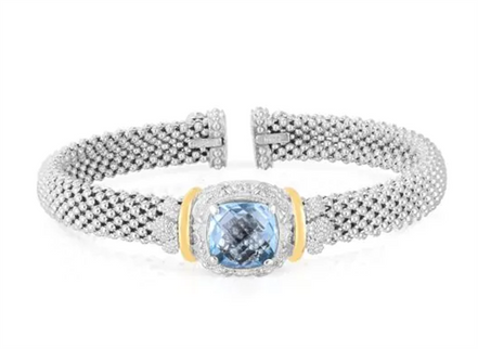 Sterling Silver And 18K Yellow Gold 8MM Cushion Blue Topaz Cuff Bangle Bracelet