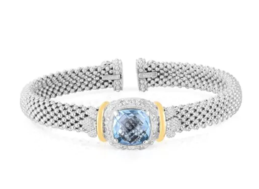 Sterling Silver And 18K Yellow Gold 8MM Cushion Blue Topaz Cuff Bangle Bracelet