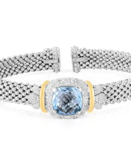 Sterling Silver And 18K Yellow Gold 8MM Cushion Blue Topaz Cuff Bangle Bracelet