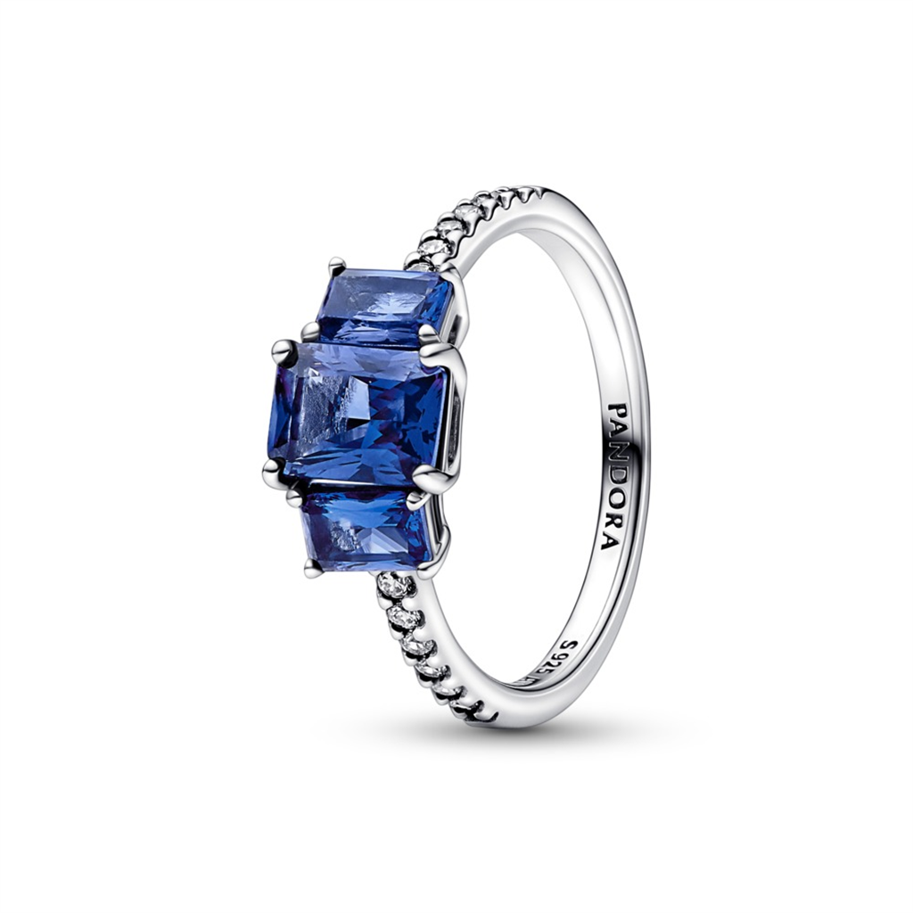 Pandora Timeless Blue Rectangular Three Stone Sparkling Ring Size 7.5