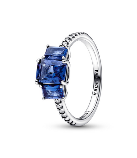 Pandora Timeless Blue Rectangular Three Stone Sparkling Ring Size 7