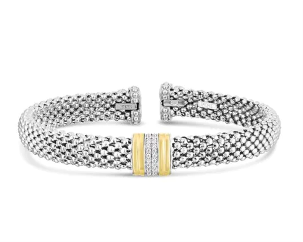 Sterling Silver And 18K Yellow Gold 7.7MM Diamond Popcorn Cuff Bracelet