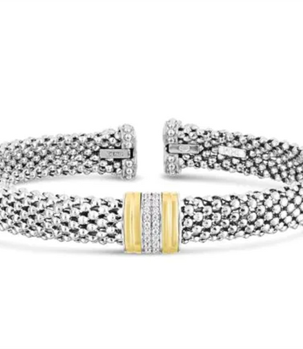 Sterling Silver And 18K Yellow Gold 7.7MM Diamond Popcorn Cuff Bracelet