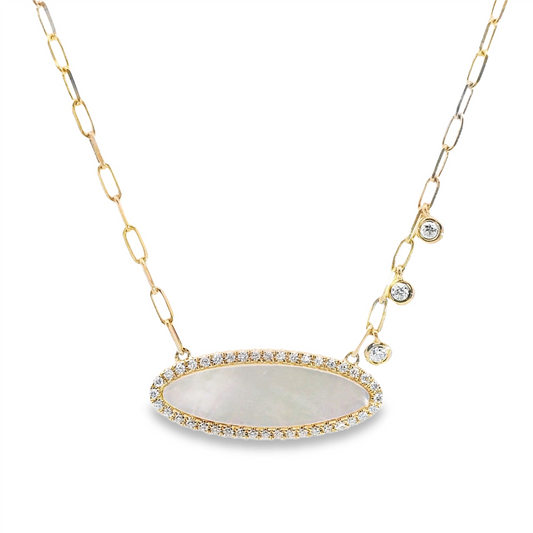 14K Gold Diamond Bezel And Oval Shaped Mother Of Pearl Pendant Necklace