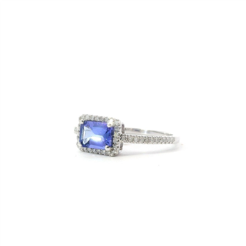 14K White Gold Diamond And Tanzanite Halo Fashion Ring