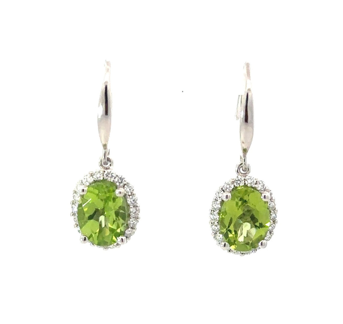 14K White Gold Oval Peridot And Diamond Dangle Earrings