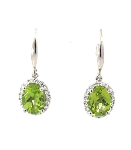 14K White Gold Oval Peridot And Diamond Dangle Earrings