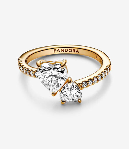 Pandora Timeless Gold Plated Double Heart Sparkling Ring  Size 6