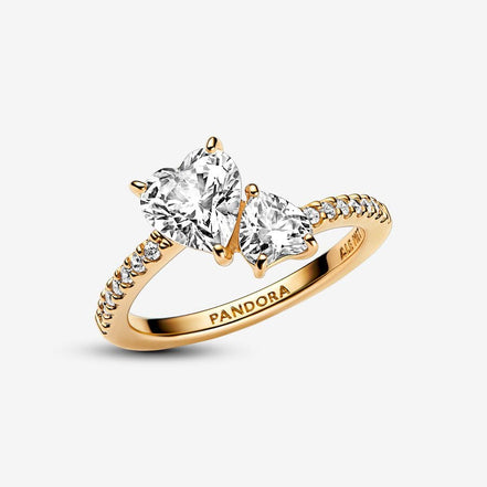 Pandora Timeless Gold Plated Double Heart Sparkling Ring Size 7