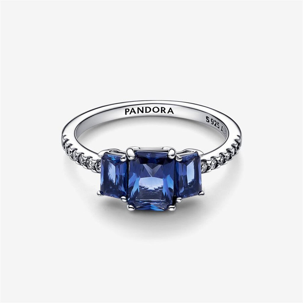 Pandora Timeless Blue Rectangular Three Stone Sparkling Ring Size 7.5