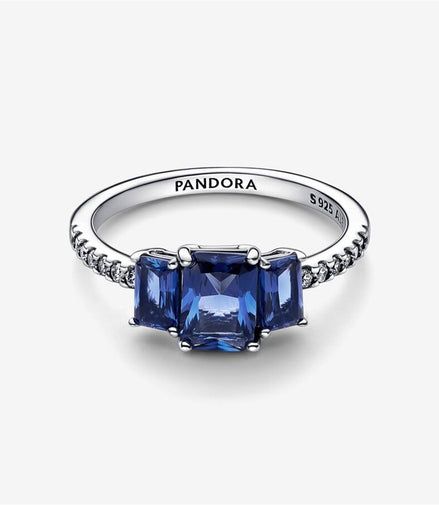 Pandora Timeless Blue Rectangular Three Stone Sparkling Ring Size 7.5
