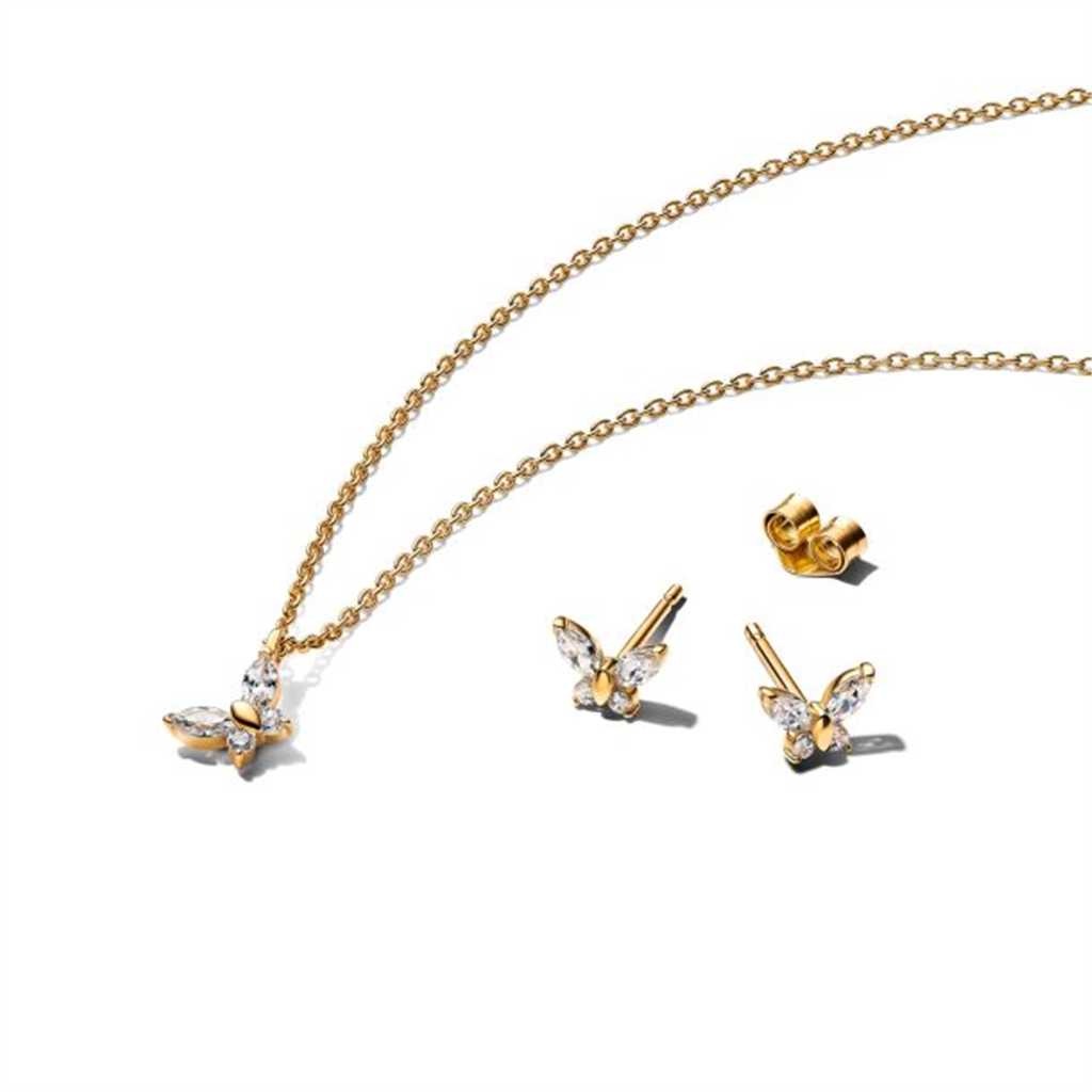 Pandora Golden Butterfly Stud Earrings and Pendant Necklace Gift Set