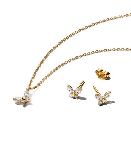 Pandora Golden Butterfly Stud Earrings and Pendant Necklace Gift Set