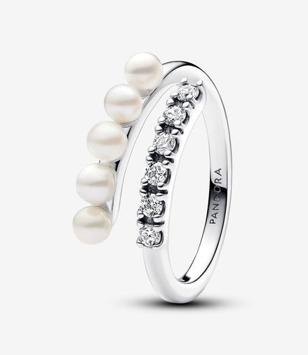 Pandora Timeless Treated Freshwater Cultured Pearls & Pavé Open Ring Size 7