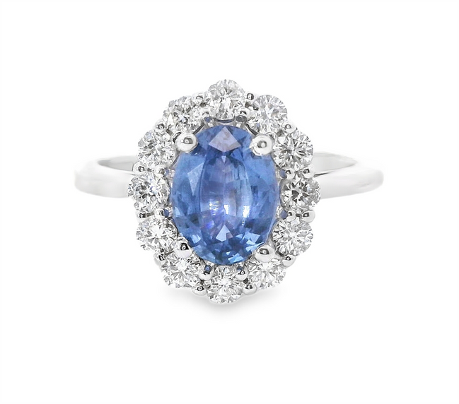 14K White Gold Oval Sapphire And Diamond Fashion Ring