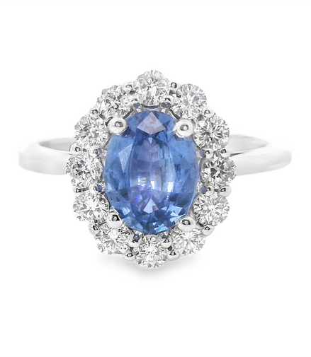 14K White Gold Oval Sapphire And Diamond Fashion Ring