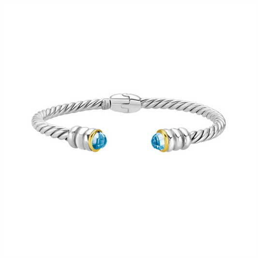 Phillip Gavriel Silver And 18K Blue Topaz Cable Hinge Open Cuff Bangle Bracelet