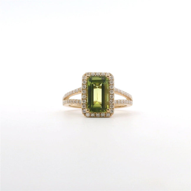 14K Yellow Gold Diamond & Peridot Emerald Shaped Fashion Ring