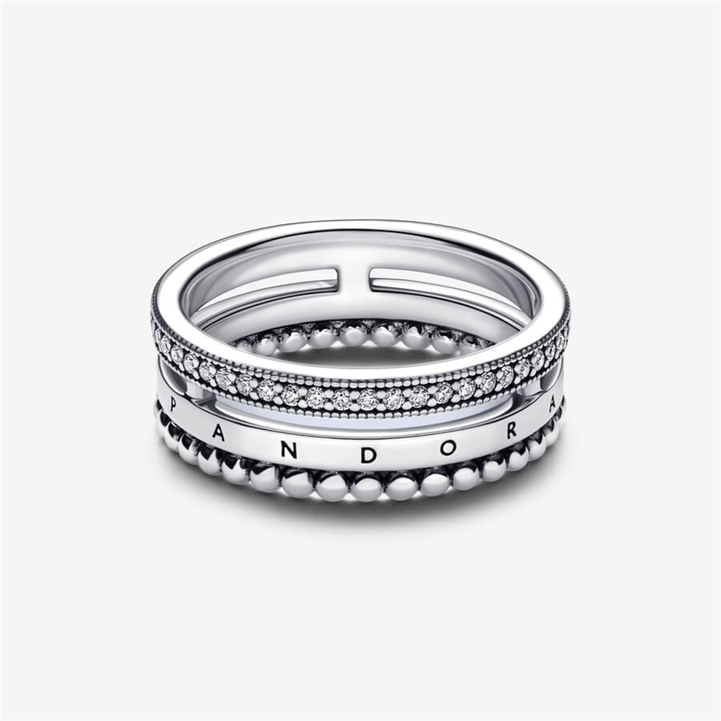 Pandora Signature Logo Pavé & Beads Ring Size 8.5