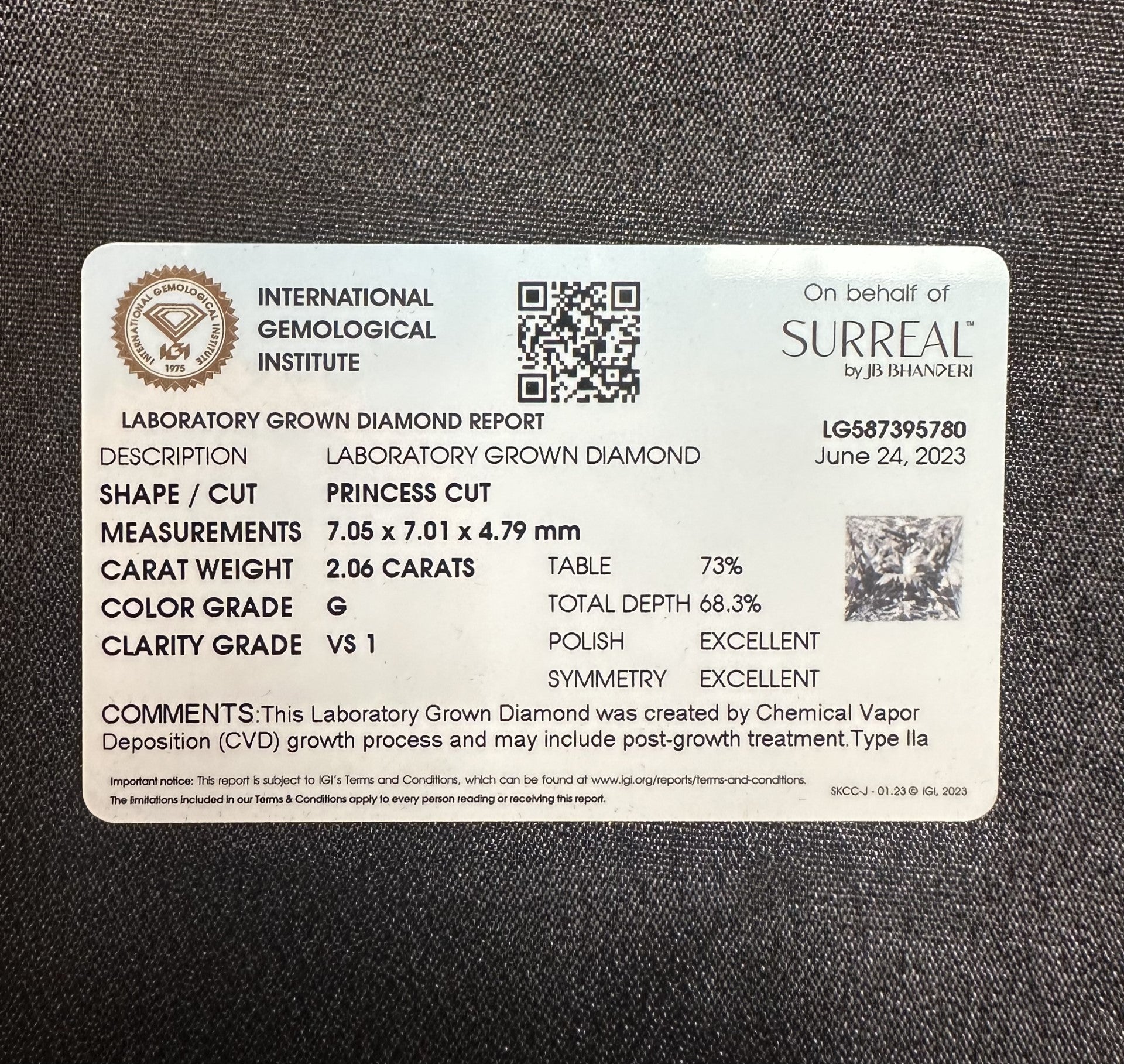 2.06 ctw Princess Lab Grown Diamond