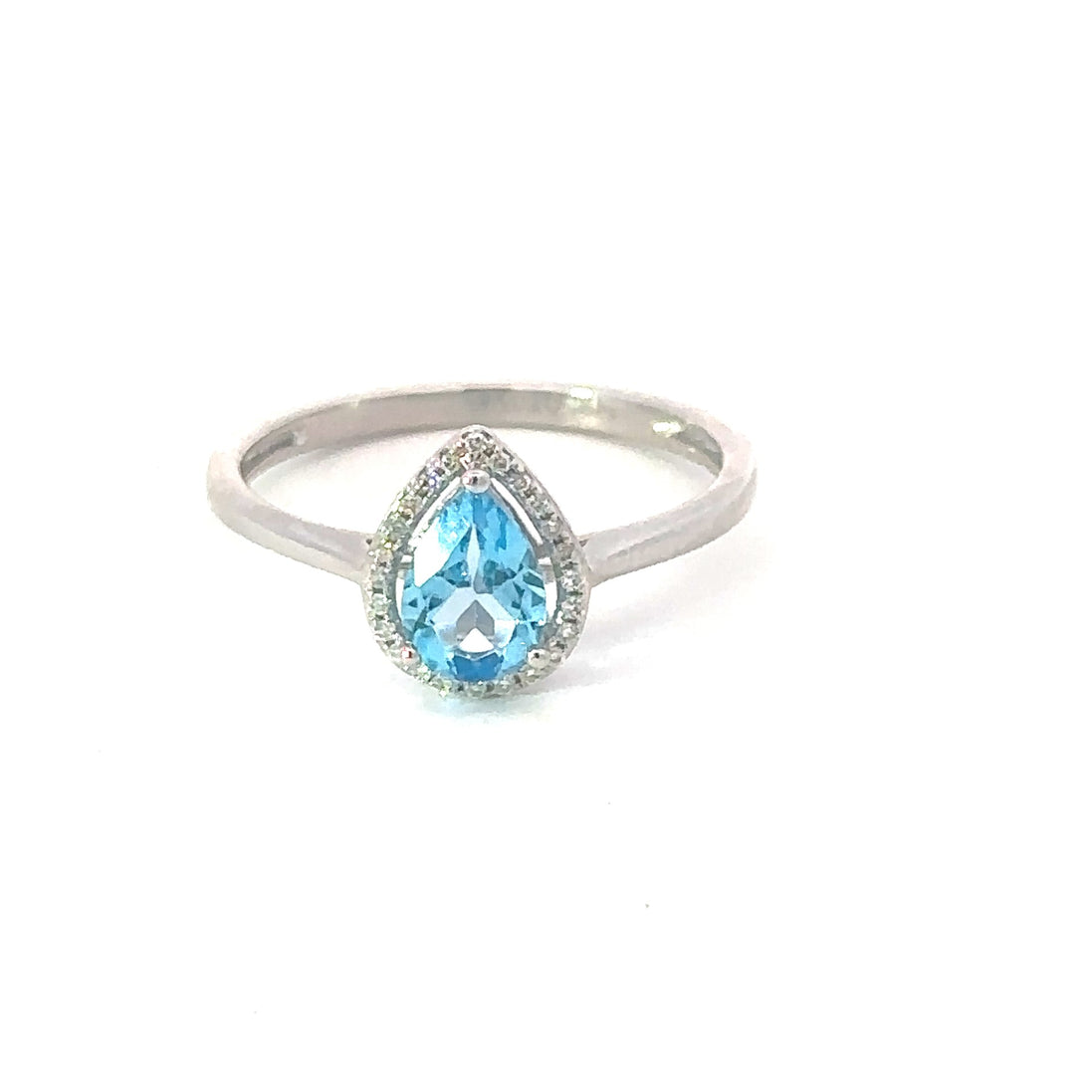 14K White Gold Blue Topaz and Diamond Pear Shaped Ring