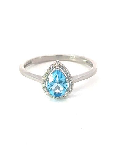 14K White Gold Blue Topaz and Diamond Pear Shaped Ring