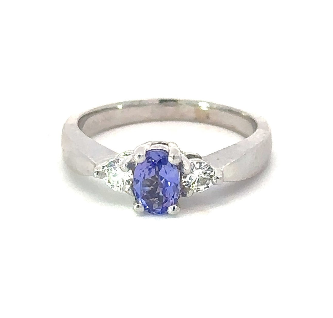 14K White Gold Oval CutTanzanite and Diamond Ring