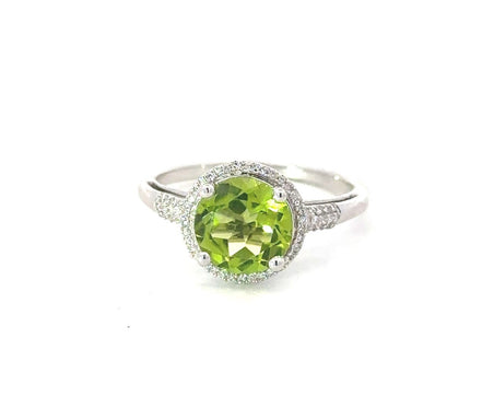 14K White Gold  Round Cut Peridot And Diamond Ring