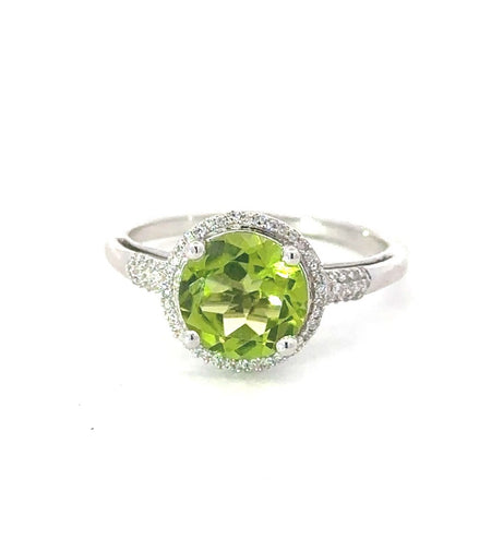 14K White Gold  Round Cut Peridot And Diamond Ring
