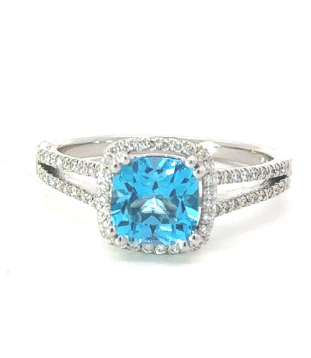 14Kw .25Ct Diamond 1.74Ct Aa Blue Topaz Cushion Cut Ring