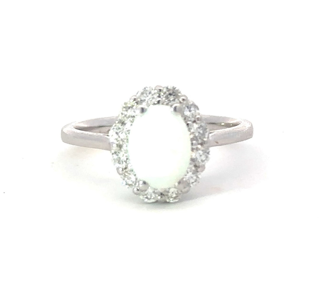 14K White Gold Oval Cut Opal And Diamond Fashion Ring