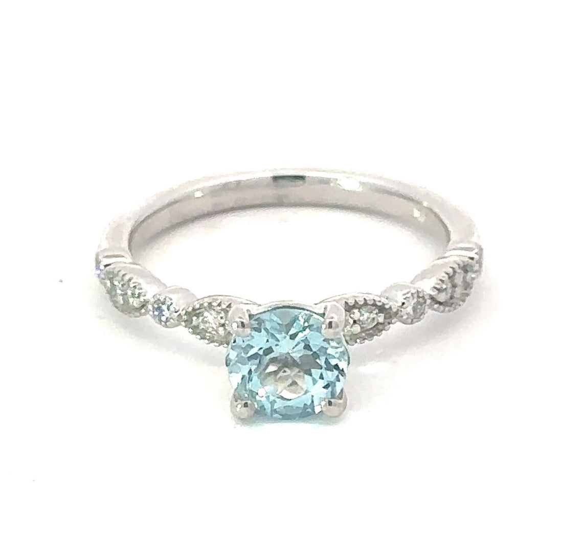 14K White Gold Round Aquamarine And Diamond Fashion Ring