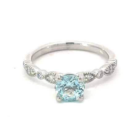 14K White Gold Round Aquamarine And Diamond Fashion Ring