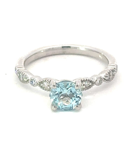 14K White Gold Round Aquamarine And Diamond Fashion Ring