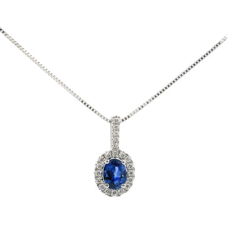 14K White Gold Oval Sapphire and Diamond Pendant Necklace