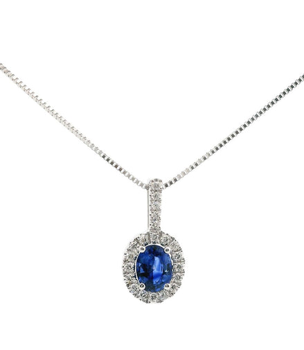 14K White Gold Oval Sapphire and Diamond Pendant Necklace