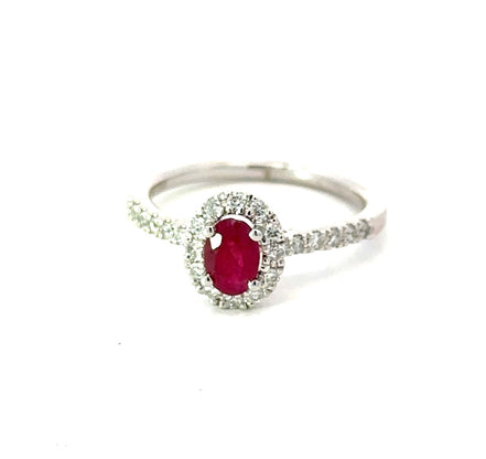 14K White Gold Oval Cut Ruby And Diamond Ring