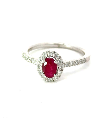14K White Gold Oval Cut Ruby And Diamond Ring