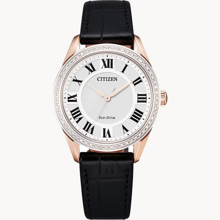 Citizen Ladies Arezzo Eco-Drive Diamond Black Leather Strap Watch