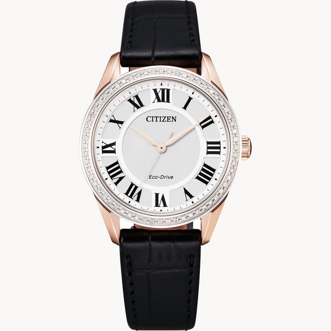 Citizen Ladies Arezzo Eco-Drive Diamond Black Leather Strap Watch