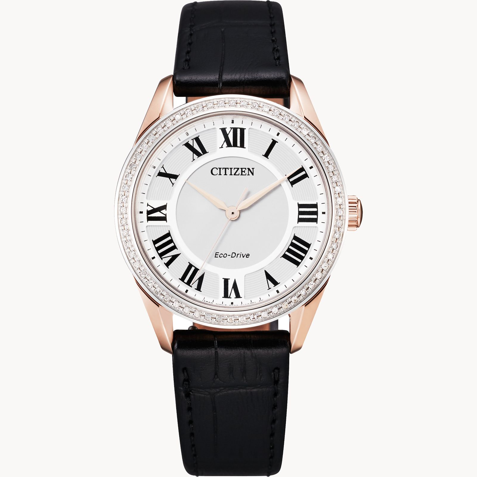 Citizen Ladies Arezzo Eco-Drive Diamond Black Leather Strap Watch