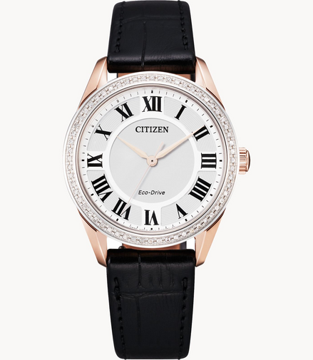 Citizen Ladies Arezzo Eco-Drive Diamond Black Leather Strap Watch
