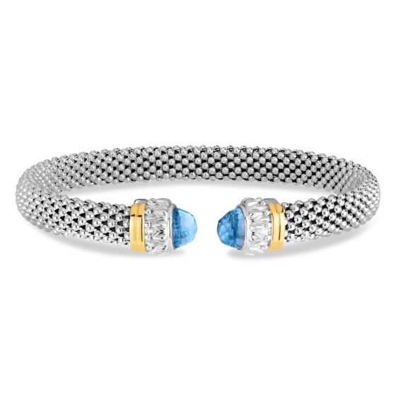 Phillip Gavriel Silver And 18K Gold  Blue Topaz Popcorn Renaissance Open Cuff Bangle Bracelet